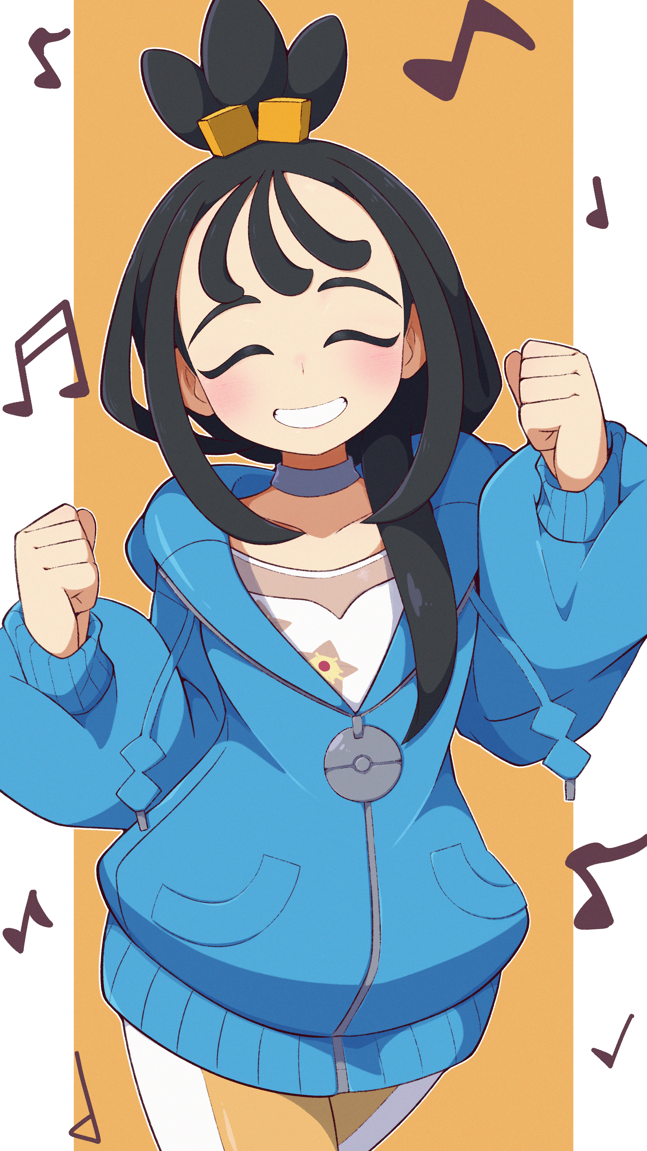 afuron, lida (pokemon), nintendo, pokemon, pokemon legends: z-a, absurdres, commentary request, highres, 1girl, black hair, blue hoodie, blush, choker, clenched hands, closed eyes, collarbone, cowboy shot, cube hair ornament, facing viewer, grin, hair ornament, hands up, happy, hood, hood down, hoodie, leggings, long hair, long sleeves, musical note, orange background, print shirt, shirt, smile, solo, tassel, teeth, topknot, white shirt, zipper pull tab