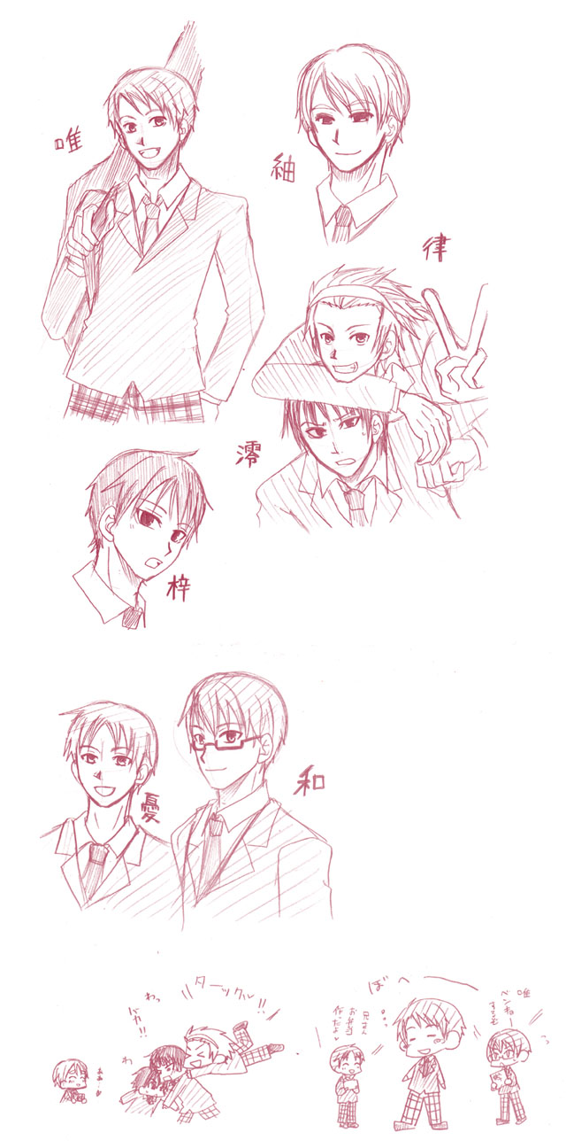 k-on!, bad id, bad pixiv id, highres, > <, 00s, 6+boys, chibi, closed eyes, genderswap, genderswap (ftm), male focus, monochrome, multiple boys, pink theme, sketch, smile, v