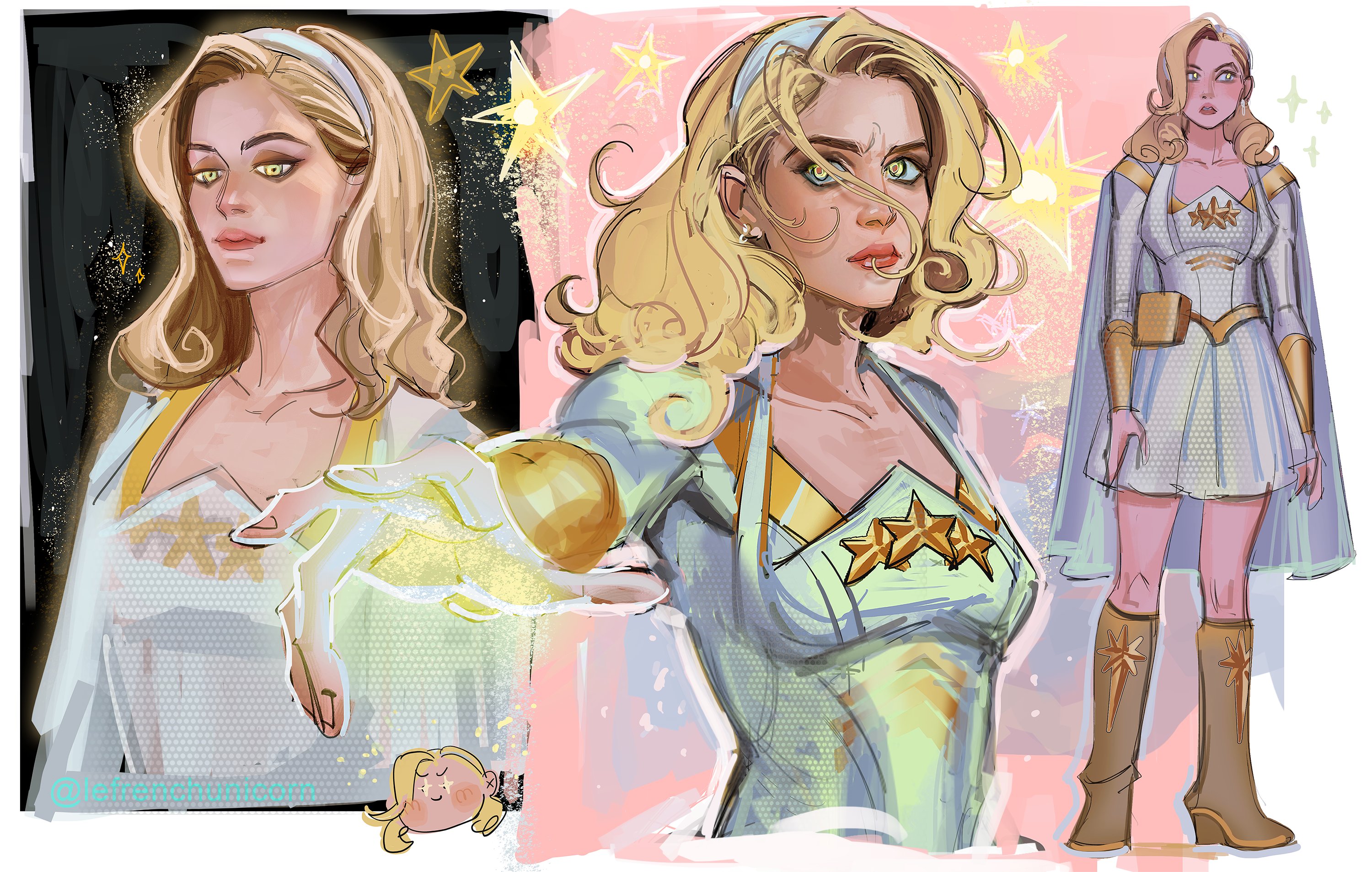 french-unicorn, starlight (the boys), the boys, highres, 1boy, blonde hair, boots, breasts, brown boots, cape, chibi, chibi inset, dress, full body, gold trim, hairband, long hair, medium breasts, multiple views, outstretched hand, sketch, sparkling eyes, standing, superhero costume, upper body, wavy hair, white cape, white dress, white hairband, yellow eyes