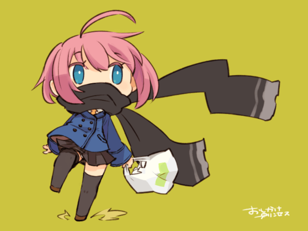 mota, original, 1girl, ahoge, bag, blue eyes, chibi, female focus, full body, miniskirt, necktie, pink hair, pleated skirt, scarf, short hair, simple background, skirt, solo, thighhighs, walking