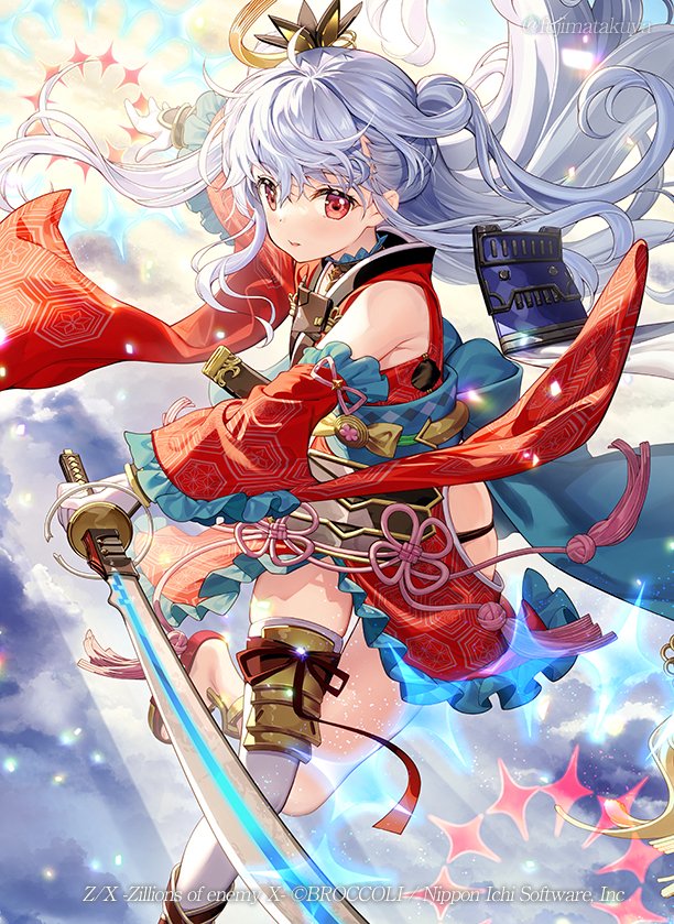 fujima takuya, kagamihara azumi, z/x, official art, 1girl, blue hair, copyright notice, detached sleeves, floating hair, gloves, hair ornament, holding, holding sword, holding weapon, japanese clothes, katana, kimono, long hair, red eyes, red kimono, sheath, single thighhigh, solo, sword, thighhighs, weapon, white gloves, white thighhighs