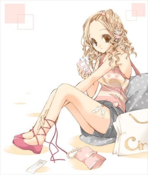 1girl, bag, blonde hair, brown eyes, brown hair, cross-laced clothes, cross-laced legwear, curly hair, cut jeans, digital media player, female focus, forehead, full body, hair bobbles, hair ornament, hairpin, indoors, ipod, long hair, polka dot, shopping bag, shorts, sitting, solo, thighs, wavy hair