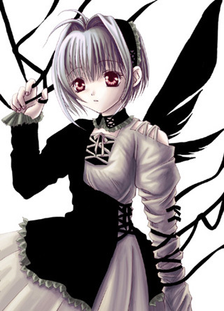 artist request, character request, lowres, tagme, dress, frills, grey hair, greyscale, monochrome, red eyes, short hair, simple background, white background, wings