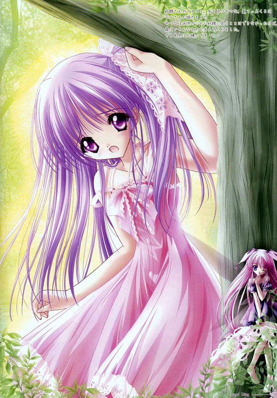 tinker bell (pixiv 10956015), angel ring (artbook), original, blush, dress, gown, long hair, open mouth, purple eyes, purple hair