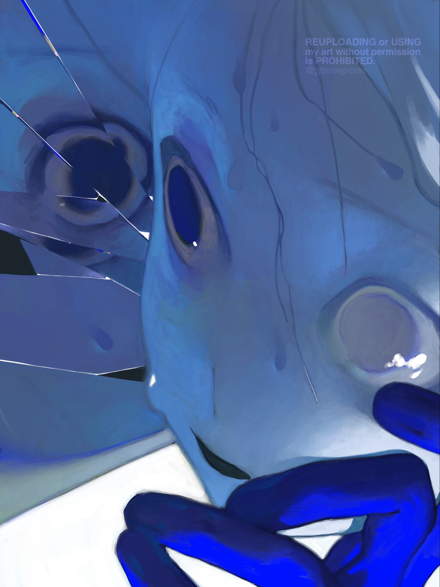 gtsleep1200, original, highres, 1girl, blue eyes, blue skin, blue theme, broken mirror, colored skin, grey eyes, hand on own cheek, hand on own face, heterochromia, mirror, multicolored skin, parted lips, portrait, reflection, solo, two-tone skin, watermark, wet, white skin
