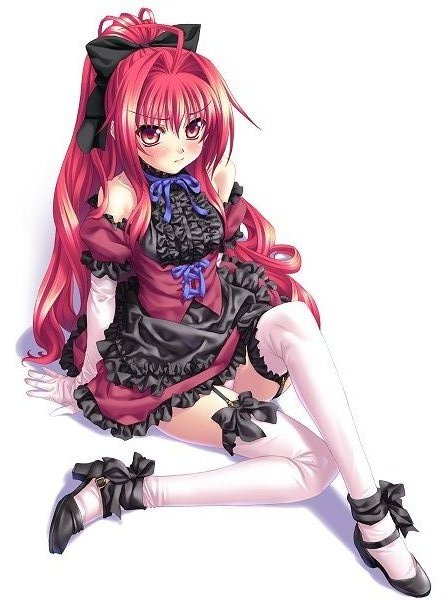 shinkyoku soukai polyphonica, 00s, blush, bow, brown eyes, frills, hair bow, lace, long hair, red hair, sitting, thighhighs