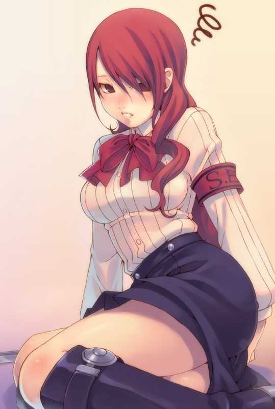 tasaka shinnosuke, uniform, blush, long hair, red eyes, red hair, sitting, thighhighs
