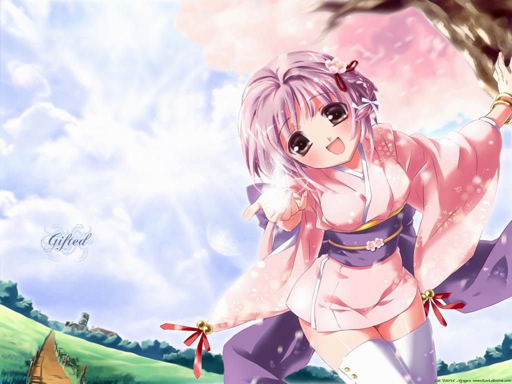 blush, bracelet, brown eyes, cherry blossoms, hair ornament, hairpin, japanese clothes, jewelry, kimono, open mouth, purple hair, short hair, smile, thighhighs