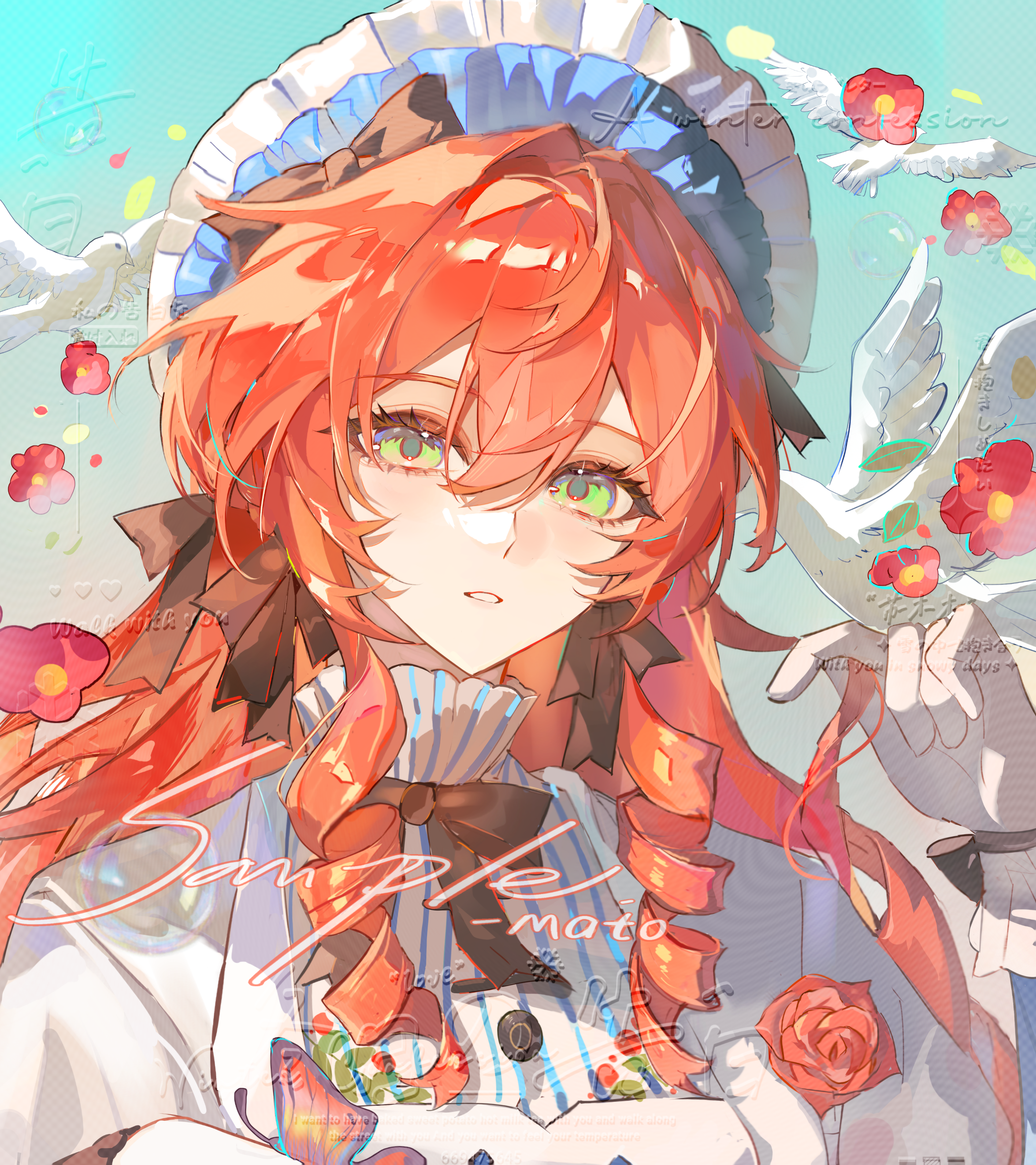 heiyi mataozi, original, absurdres, highres, 1girl, bird, bird on hand, black bow, black bowtie, black ribbon, blue hat, bow, bowtie, dated, double-parted bangs, gloves, green eyes, hair between eyes, hair ribbon, hat, long hair, looking at viewer, parted lips, portrait, red hair, ribbon, sample watermark, shirt, solo, watermark, white gloves, white shirt