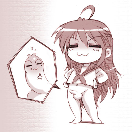 tsumagomi izumo, izumi konata, lucky star, lowres, 00s, 1futa, :3, bottomless, erection, foreskin, futa without pussy, futanari, mole, monochrome, penis, phimosis, small penis, smug, solo