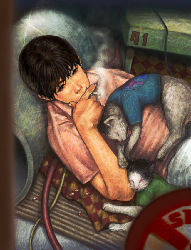 nikoume, kaneda shoutarou (akira), akira (manga), capsule, 1980s (style), bad id, bad pixiv id, 1boy, cable, cat, cigarette, cyberpunk, drugs, male focus, oldschool, pill, realistic, retro artstyle, science fiction, smoking, solo, wire