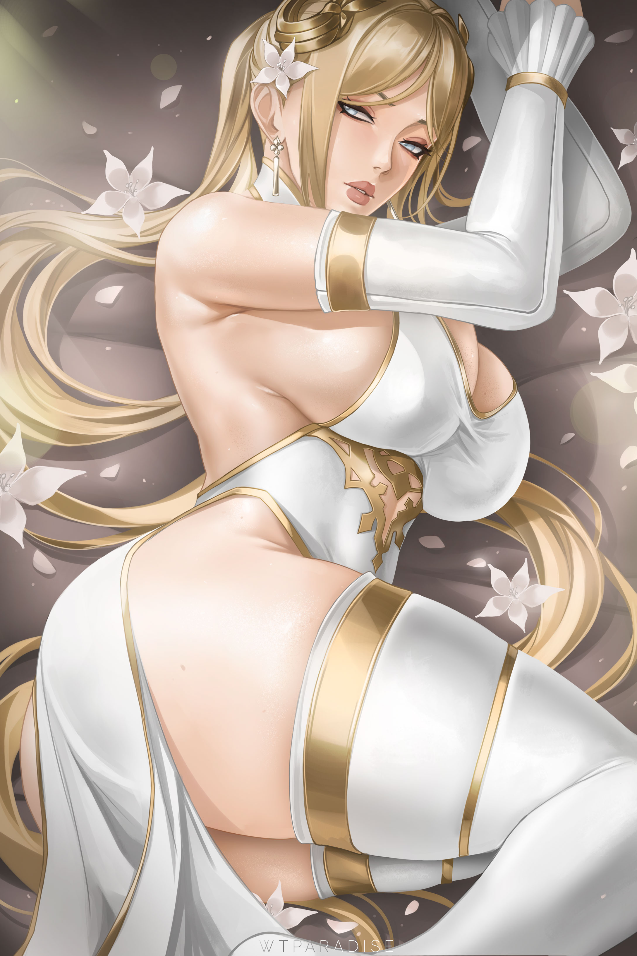 wtparadise, commander (nier:automata), nier:automata, nier (series), absurdres, highres, 1girl, blonde hair, blue eyes, breasts, detached sleeves, earrings, female focus, huge breasts, jewelry, lips, long hair, lying, on side, sideboob, solo, thighhighs