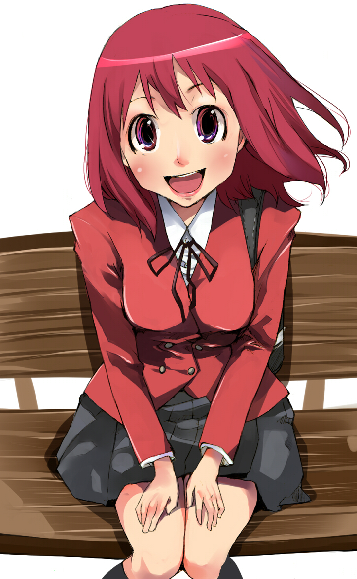 shigureteki, kushieda minori, toradora!, bad id, bad pixiv id, 00s, bench, red eyes, red hair, school uniform, short hair, sitting, solo