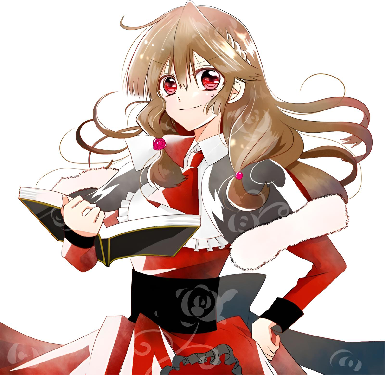 1girl, book, brown hair, dress, happy, long hair, looking at viewer, magnolia iana, red dress, red eyes, school uniform, tensei akujo no kuro rekishi