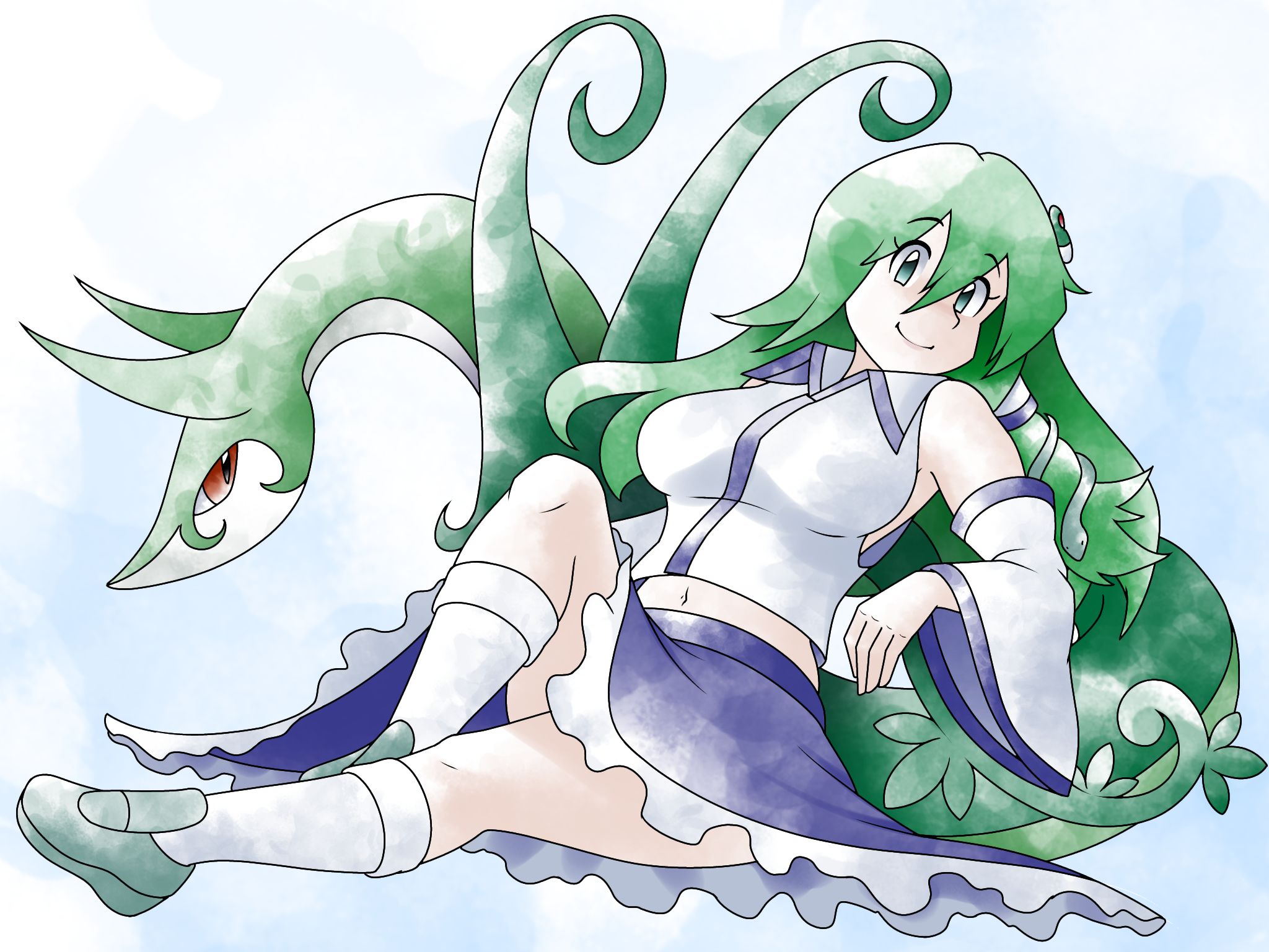 greatmothsucks, kochiya sanae, serperior, nintendo, pokemon, touhou, commentary, english commentary, highres, 1girl, blue background, blue skirt, blue trim, breasts, closed mouth, color connection, detached sleeves, double-parted bangs, frilled skirt, frills, frog hair ornament, from side, gen 5 pokemon, green eyes, green hair, green shoes, hair between eyes, hair ornament, hair tubes, kneehighs, large breasts, long hair, long sleeves, midriff peek, navel, reclining, red eyes, shirt, shoes, single hair tube, sitting on animal, skirt, smile, snake, snake hair ornament, socks, sugimori ken (style), trait connection, white shirt, white socks, wide sleeves
