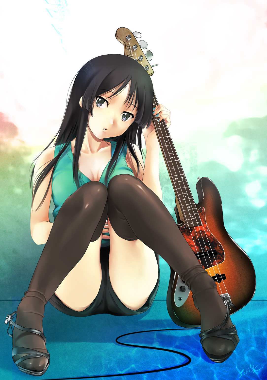 fujisaka kuuki, akiyama mio, k-on!, highres, 00s, 1girl, aqua nails, bass guitar, black eyes, black hair, black thighhighs, blunt bangs, breasts, cable, cleavage, feet, female focus, guitar, high heels, hime cut, instrument, legs, long hair, nail polish, open shoes, sandals, shoes, short shorts, shorts, sitting, solo, tank top, thighhighs, thighs