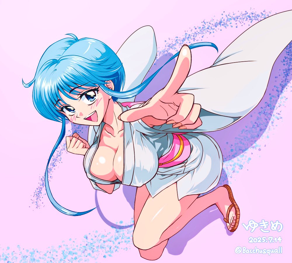 yukime (jigoku sensei nube), jigoku sensei nube, commentary, alternate breast size (larger), arm up, artist name, bacchusquall, blue eyes, blue hair, breasts, character name, cleavage, collarbone, covered erect nipples, dated, dutch angle, full body, hand up, japanese clothes, kimono, large breasts, long sidelocks, obi, open mouth, pink sash, pointing, pointing at viewer, sandals, sash, short hair, short kimono, sidelocks, smile, teeth, thighs, twitter username, upper teeth only, white kimono, wide sleeves, zouri