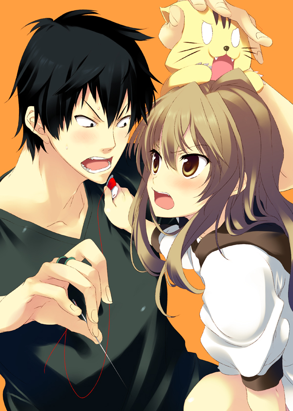 tatami to hinoki, aisaka taiga, palmtop tiger, takasu ryuuji, toradora!, 00s, 1boy, 1girl, animal, animal on head, black hair, brown eyes, brown hair, cat, cat on head, long hair, needle, on head, short hair, thread, tiger