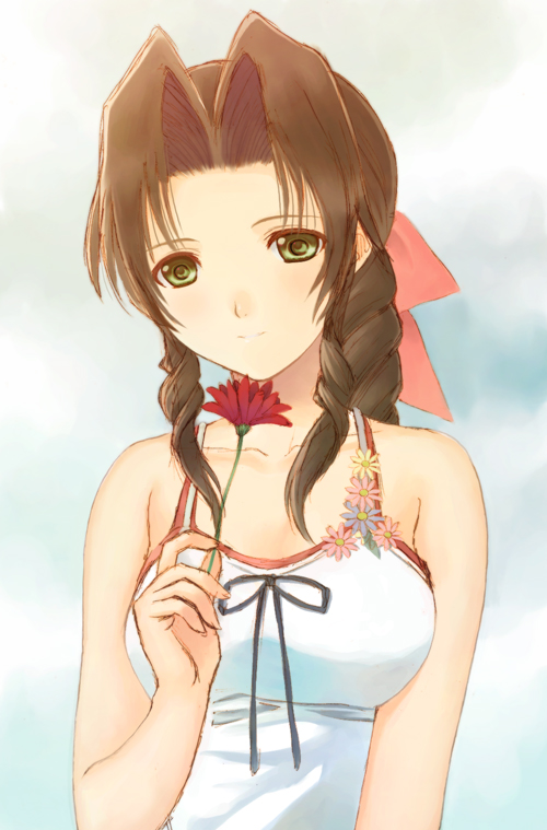 seiru (prairie), aerith gainsborough, crisis core final fantasy vii, final fantasy, final fantasy vii, 1990s (style), 1girl, bow, braid, brown hair, camisole, drill hair, female focus, flower, green eyes, hair bow, pink bow, retro artstyle, smile, solo, tank top