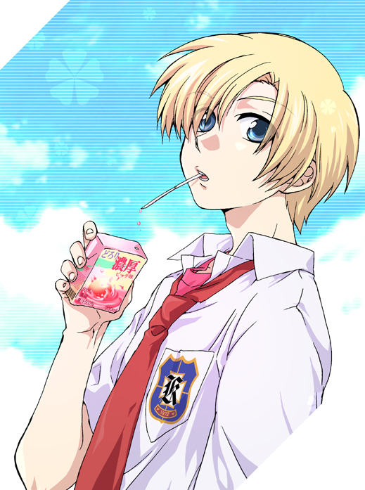 ikuhashi muiko, sunohara youhei, clannad, 00s, 1boy, blonde hair, blue eyes, drinking straw, juice box, male focus, mouth hold, necktie, school uniform, short hair, solo