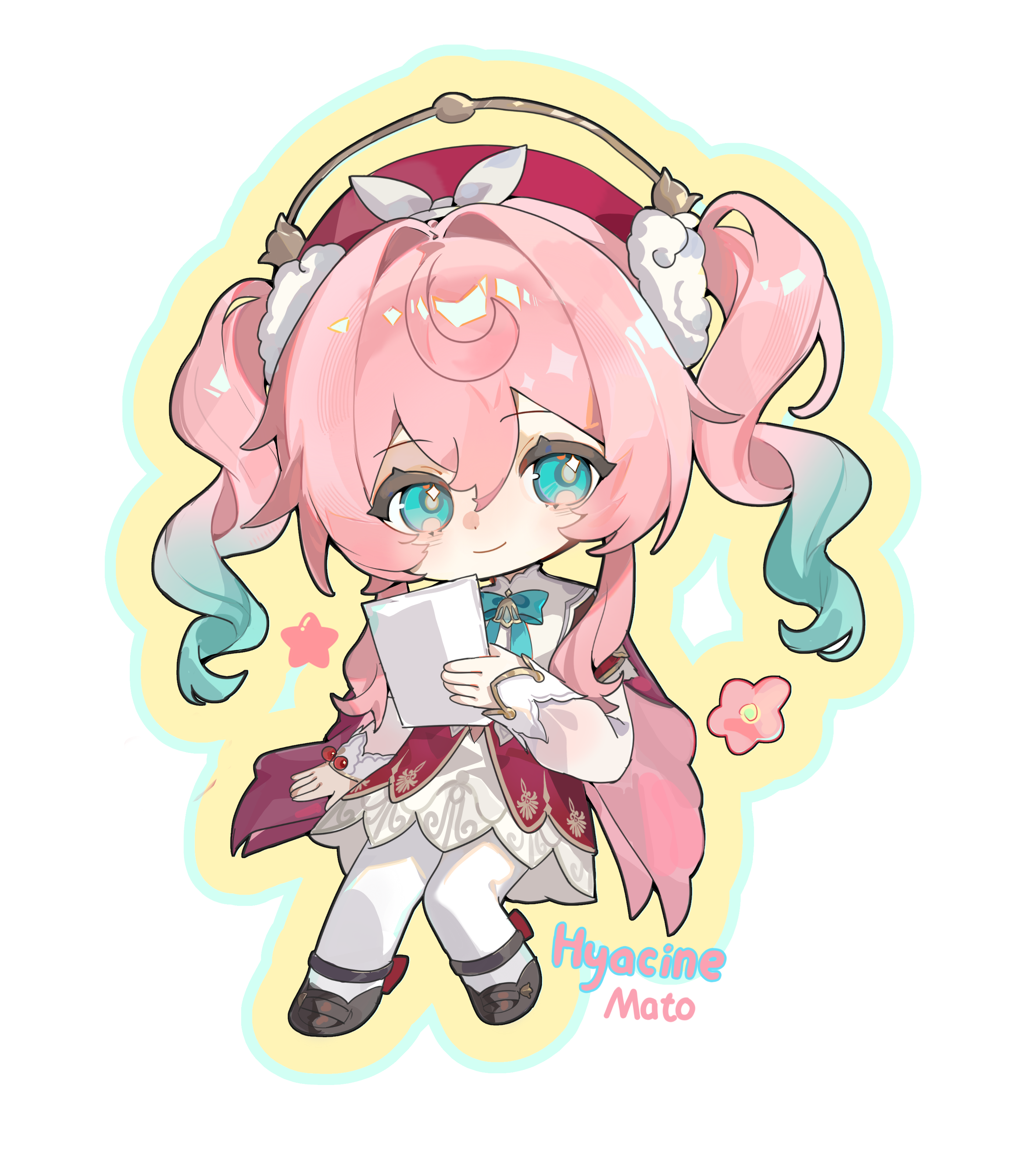 heiyi mataozi, hyacine (honkai: star rail), honkai: star rail, honkai (series), absurdres, highres, 1girl, brown shoes, character name, chibi, chibi only, closed mouth, double-parted bangs, dress, full body, gradient hair, green eyes, green hair, hair between eyes, hat, holding, holding paper, long hair, long sleeves, looking at viewer, multicolored hair, outline, pantyhose, paper, pink hair, red dress, red hat, shoes, smile, solo, twintails, white pantyhose, yellow outline