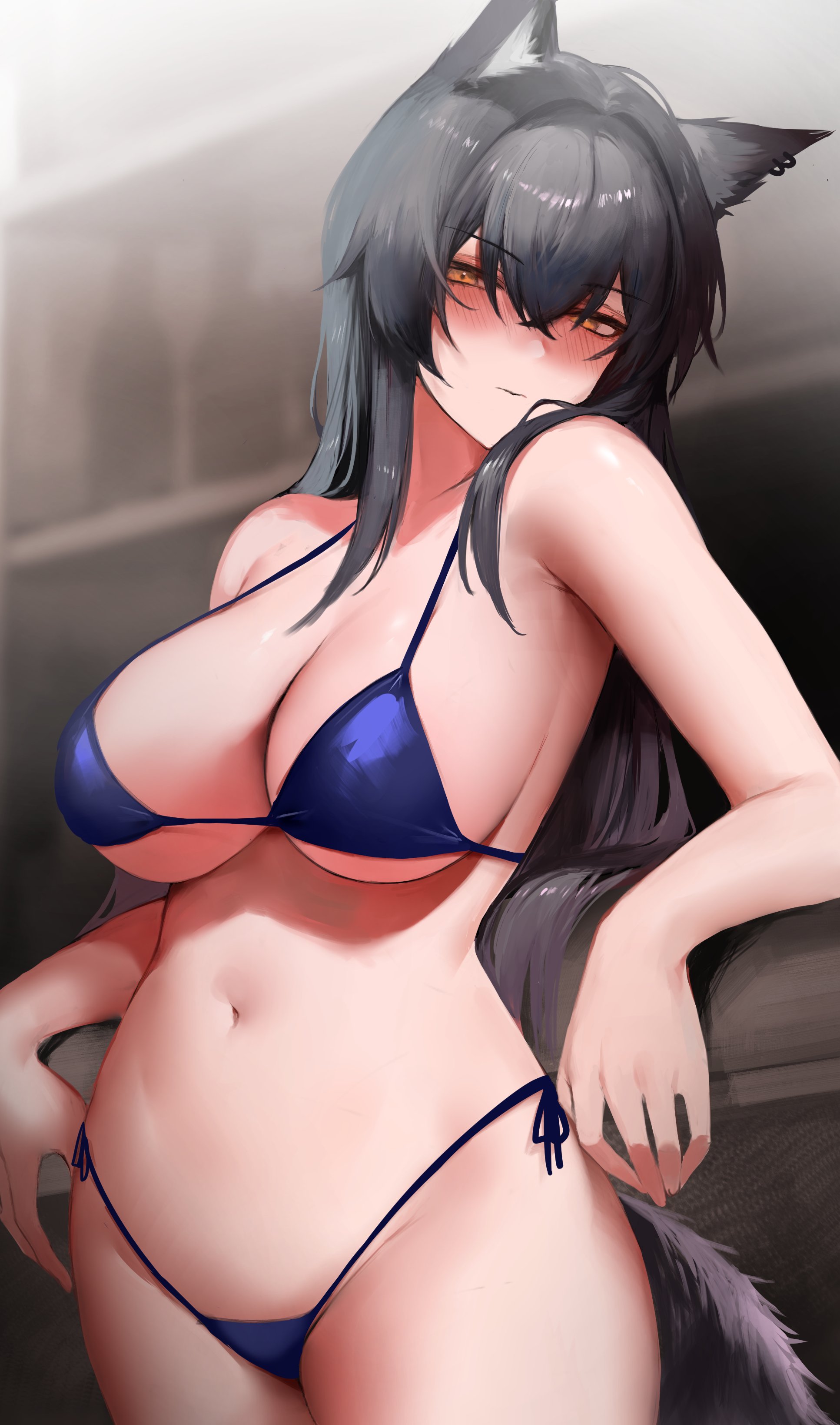 dokuro deluxe, texas (arknights), arknights, absurdres, commentary, highres, 1girl, animal ear fluff, animal ear piercing, animal ears, bikini, black hair, blue bikini, blush, breasts, closed mouth, hair between eyes, indoors, large breasts, long hair, looking at viewer, navel, orange eyes, side-tie bikini bottom, solo, standing, sweat, swimsuit, tail, wolf ears, wolf girl, wolf tail