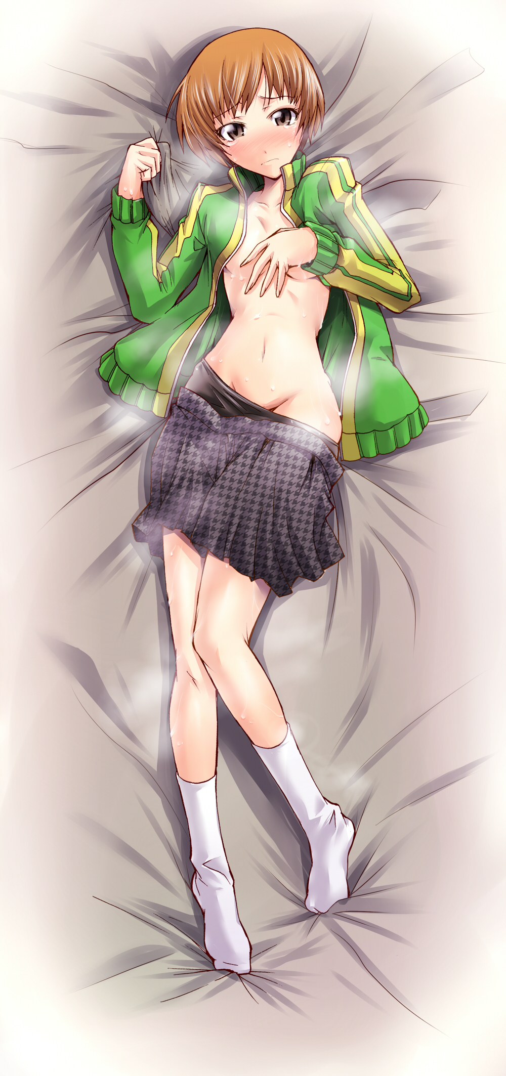 segami daisuke, satonaka chie, atlus, persona, persona 4, highres, 1girl, bed sheet, blush, breasts, brown eyes, brown hair, covering breasts, covering privates, dakimakura (medium), embarrassed, feet, female focus, full body, groin, houndstooth, jacket, lying, midriff, miniskirt, navel, no bra, no panties, open clothes, open shirt, plaid clothes, plaid skirt, pleated skirt, shirt, short hair, skirt, smell, socks, solo, sweat, tears, track jacket, wet, white socks