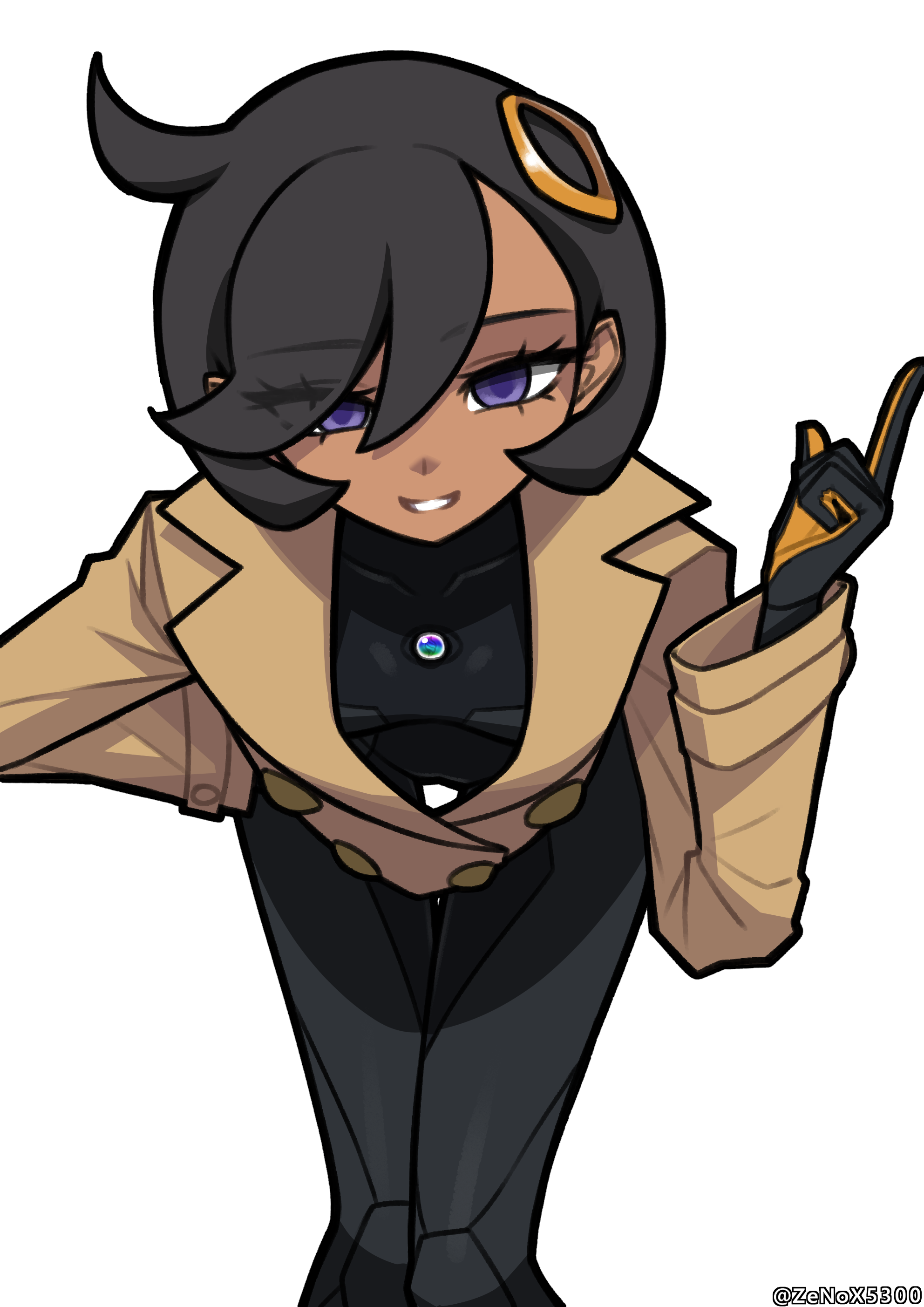 zenox5300, emma (pokemon), nintendo, pokemon, pokemon legends: z-a, absurdres, commentary, highres, 1girl, bent over, black bodysuit, black gloves, black hair, bodysuit, bodysuit under clothes, brown jacket, collared jacket, covered collarbone, eyelashes, gloves, grin, hair ornament, hand on own hip, hand up, index finger raised, jacket, long sleeves, looking at viewer, purple eyes, short hair, simple background, smile, solo, teeth, twitter username, watermark, white background