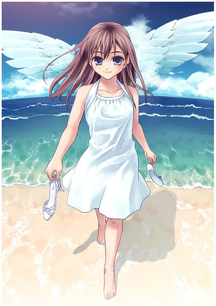 angel, beach, blue eyes, blush, brown hair, long hair, ocean, sandals, smile, wings