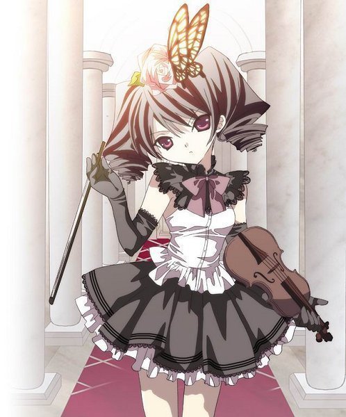 black hair, bug, butterfly, concert hall, curly hair, elbow gloves, gloves, instrument, red eyes, short hair, violin