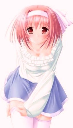 lowres, blush, breasts, cleavage, hair ribbon, red eyes, red hair, ribbon, short hair, skirt, thighhighs