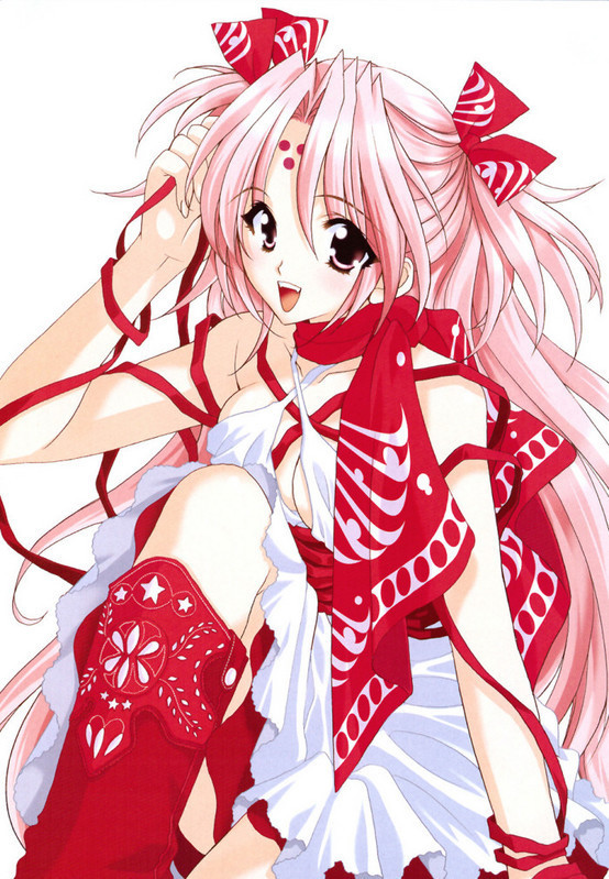 mario kaneda, miharu sena kanaka, girls bravo, official art, 00s, 1girl, :d, adjusting hair, arm support, bare shoulders, blush, boots, bow, breast press, breasts, brown eyes, cleavage, cleavage cutout, clothing cutout, cowboy boots, criss-cross halter, dress, facial mark, female focus, forehead mark, hair between eyes, hair bow, hair ornament, halterneck, hand on own head, knee boots, kneehighs, lace, lace-trimmed dress, lace trim, large breasts, laughing, long hair, looking at viewer, no bra, open mouth, parted bangs, pink eyes, pink hair, polka dot, profile, red socks, ribbon, scarf, shoes, short twintails, sideboob, simple background, sitting, skirt, smile, socks, solo, star (symbol), star print, sundress, twintails, two side up, very long hair, white background