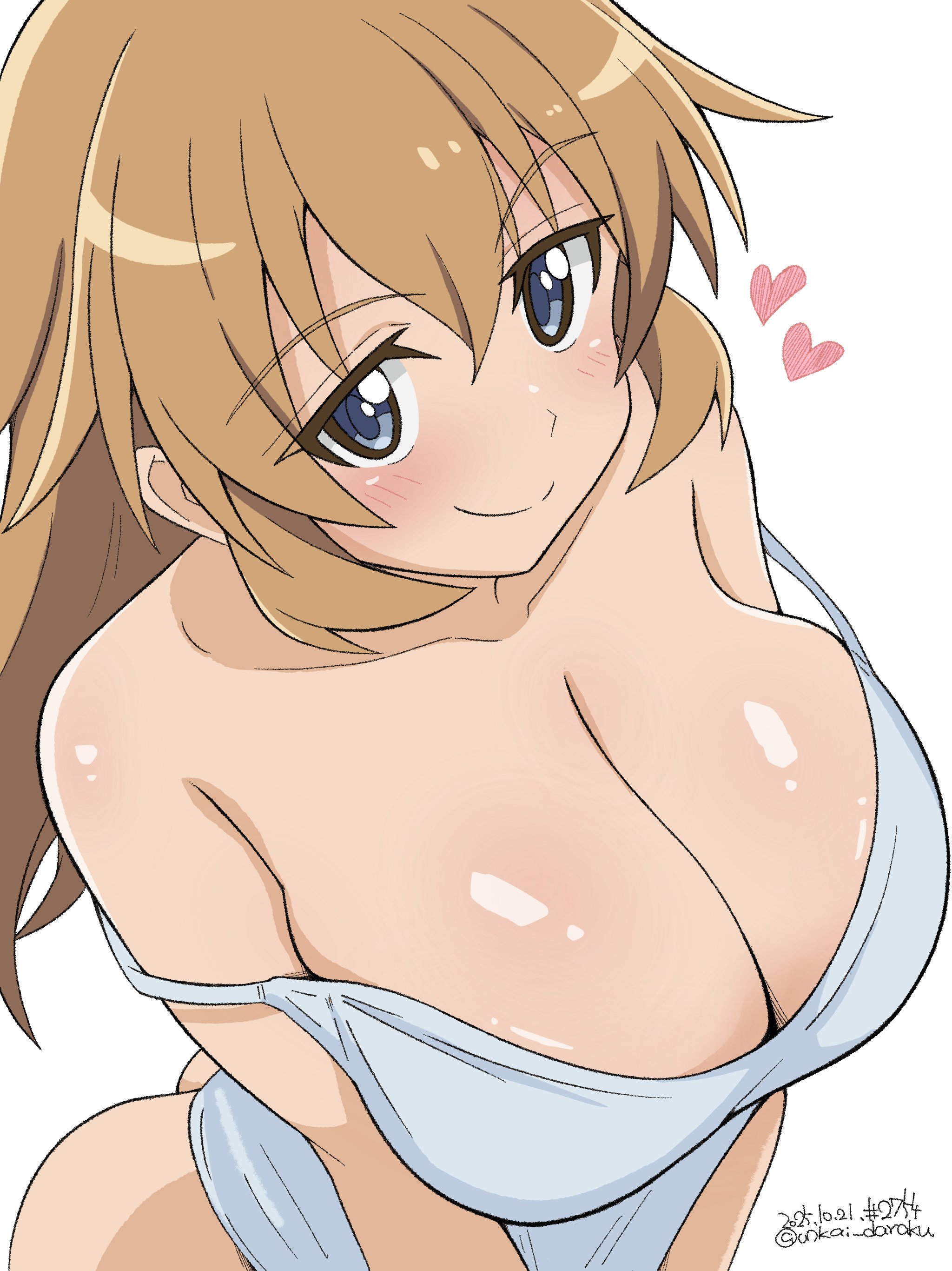 unkai daraku, charlotte e. yeager, strike witches, world witches series, absurdres, highres, 1girl, blue eyes, blush, breasts, brown hair, cleavage, closed mouth, collarbone, dated, large breasts, long hair, looking at viewer, shirt, signature, simple background, smile, solo, white background, white shirt
