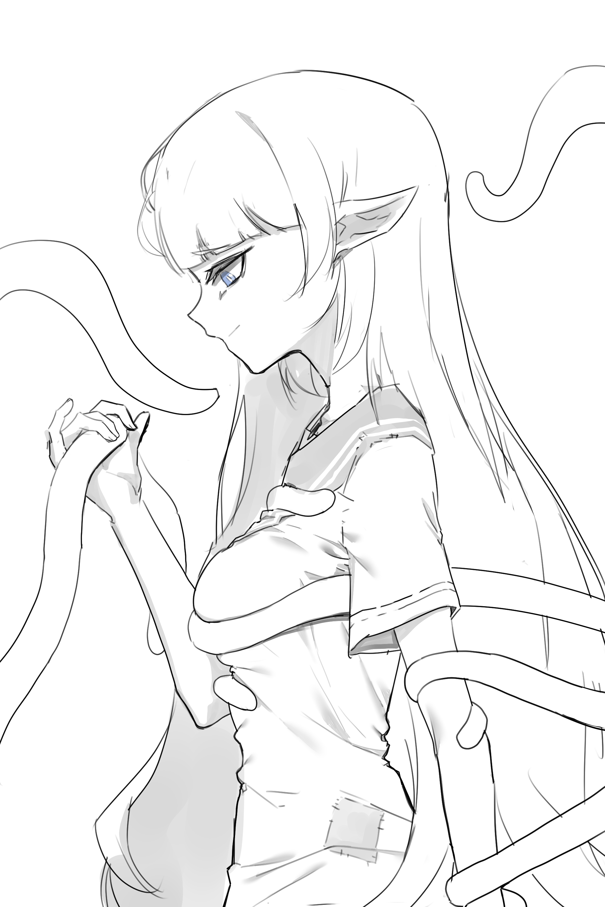 mayors (project moon), arknights, limbus company, project moon, absurdres, highres, 1girl, blue eyes, breasts, consensual tentacles, groping, helseujang, long hair, monochrome, patchwork clothes, pointy ears, smile, tentacles, white background