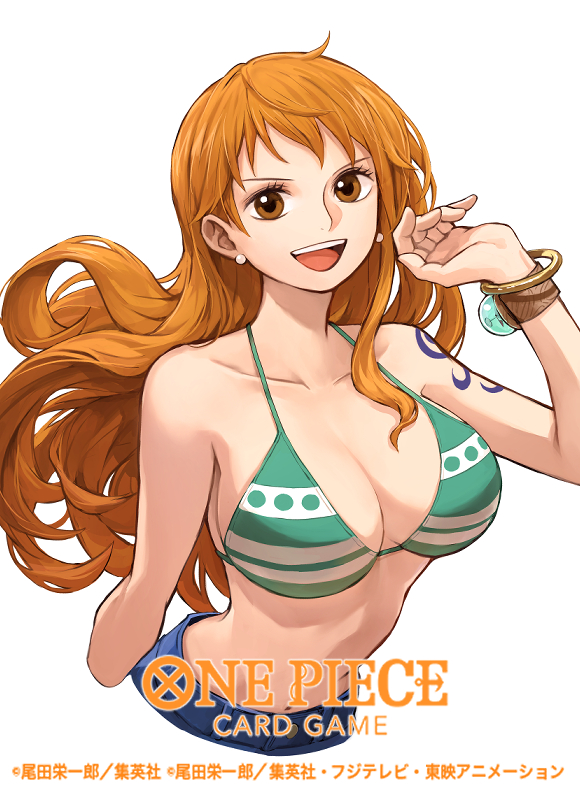 uroko (mnr), nami (one piece), one piece, one piece card game, commentary request, official art, 1girl, arm tattoo, bikini, bikini top only, bracelet, breasts, copyright name, earrings, eyelashes, jewelry, large breasts, log pose, long hair, navel, open mouth, orange eyes, orange hair, pearl earrings, simple background, solo, swimsuit, tattoo, upper body, white background