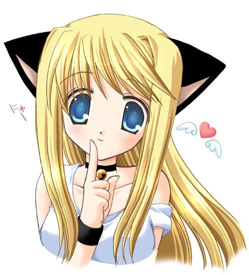 nekoneko, 1girl, animal ears, bell, blonde hair, blue eyes, blush, cat ears, choker, female focus, finger to mouth, heart, long hair, simple background, smile, solo