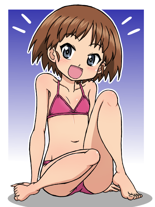 takahashi kurage, sakaguchi karina, girls und panzer, 1girl, bikini, blush, breasts, brown eyes, brown hair, collarbone, gradient background, looking at viewer, navel, open mouth, pink bikini, short hair, simple background, small breasts, smile, solo, swimsuit