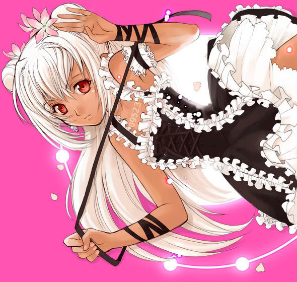 1girl, arm ribbon, bare shoulders, black dress, dark-skinned female, dark skin, double bun, dress, earrings, flower, frilled dress, frills, gothic lolita, hair bun, hair flower, hair ornament, holding, jewelry, lace, lolita fashion, long hair, looking at viewer, pink background, red eyes, ribbon, simple background, whip, white hair