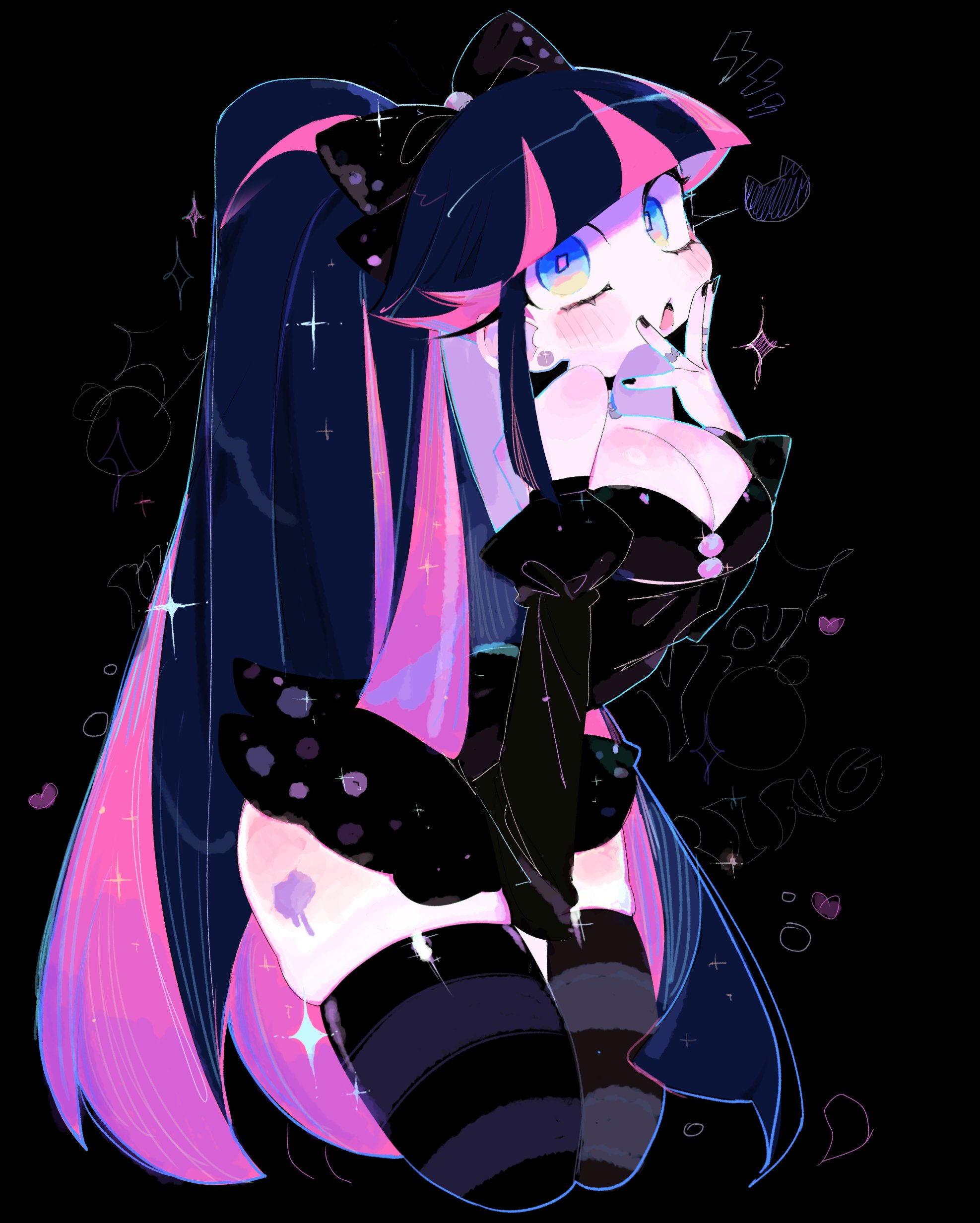 usa37107692, stocking (psg), panty & stocking with garterbelt, absurdres, highres, 1girl, alternate hairstyle, bare shoulders, between legs, black background, black bow, black choker, black dress, black nails, black thighhighs, blue eyes, blunt bangs, blush, bow, breasts, bright pupils, choker, cropped legs, dress, earrings, hand between legs, hand on own chin, hand up, heart, high ponytail, jewelry, juliet sleeves, leaning forward, long hair, long sleeves, looking at viewer, multicolored hair, nail polish, off-shoulder dress, off shoulder, open mouth, pink pupils, ponytail, puffy sleeves, ring, simple background, skindentation, solo, sparkle, streaked hair, striped clothes, striped thighhighs, stud earrings, thighhighs, tongue, two-tone hair, very long hair, wide hips, zettai ryouiki