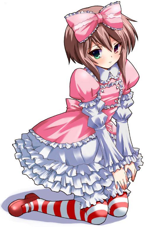 blush, brown hair, dress, frills, hair ribbon, heterochromia, kneeling, mary janes, multicolored eyes, ribbon, shoes