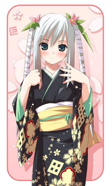 blush, flower, green eyes, japanese clothes, kimono, long hair, white hair