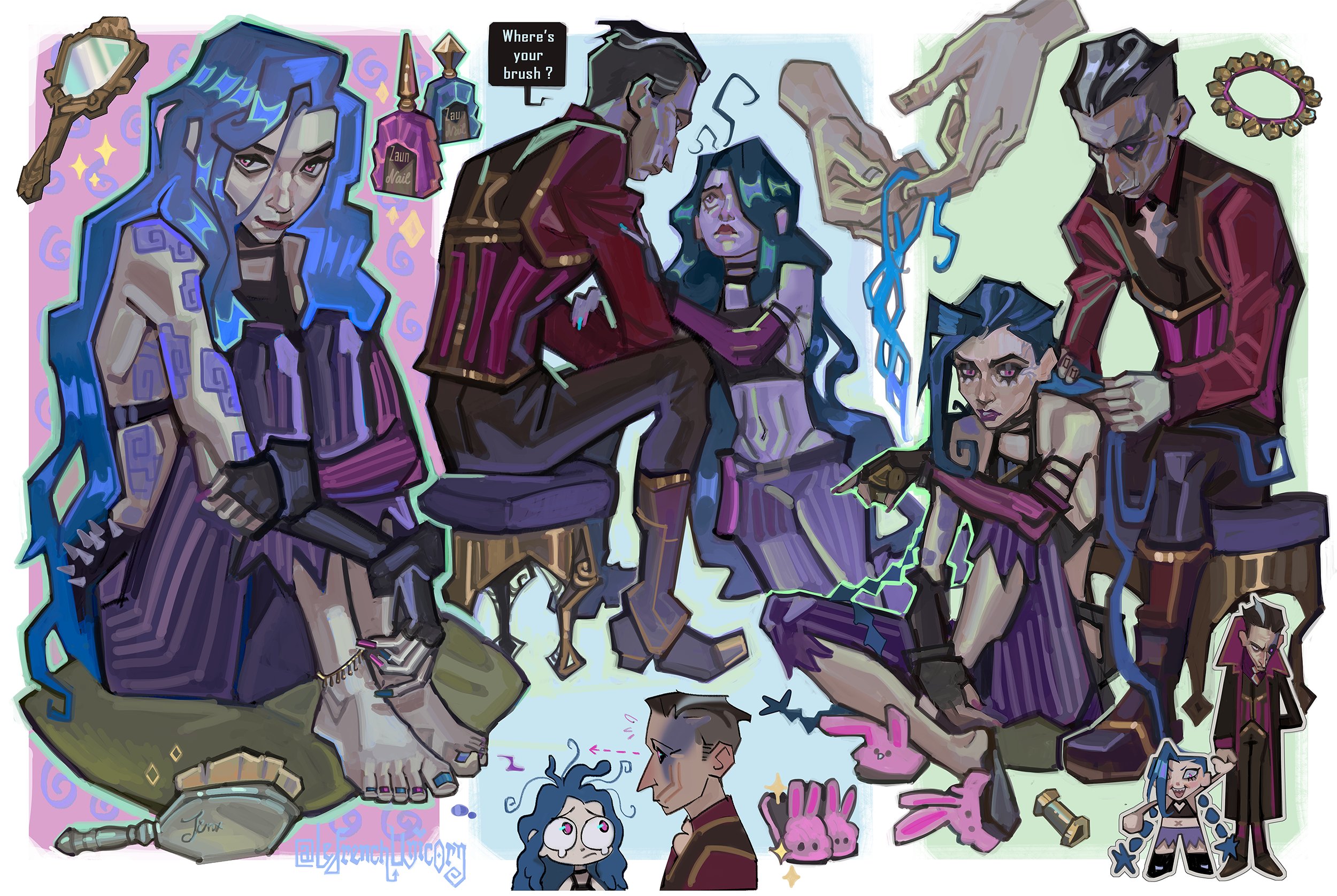 french-unicorn, arcane jinx, jinx (league of legends), silco (arcane), arcane: league of legends, league of legends, highres, 1boy, 1girl, animal slippers, arm tattoo, bare shoulders, barefoot, black boots, black gloves, black hair, black pants, black shirt, black vest, blue hair, blue nails, boots, braiding another's hair, chibi, chibi inset, cloud tattoo, collared shirt, english text, fingerless gloves, gloves, gold trim, hair brush, hair over one eye, hair slicked back, hands in another's hair, hugging own legs, long hair, messy hair, midriff, mirror, multicolored hair, multicolored nails, multiple views, nail polish, navel, pants, parted lips, pink eyes, pink nails, rabbit, red shirt, shirt, short hair, sitting, slippers, stomach tattoo, stool, streaked hair, striped clothes, striped pants, tattoo, tears, toenail polish, toenails, twitter username, two-tone nails, very long hair, vest, white hair