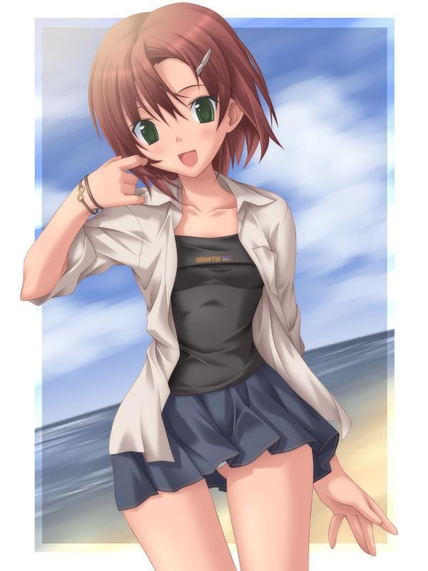 beach, blush, bracelet, brown hair, green eyes, hair ornament, hairpin, jewelry, short hair, skirt, thighhighs