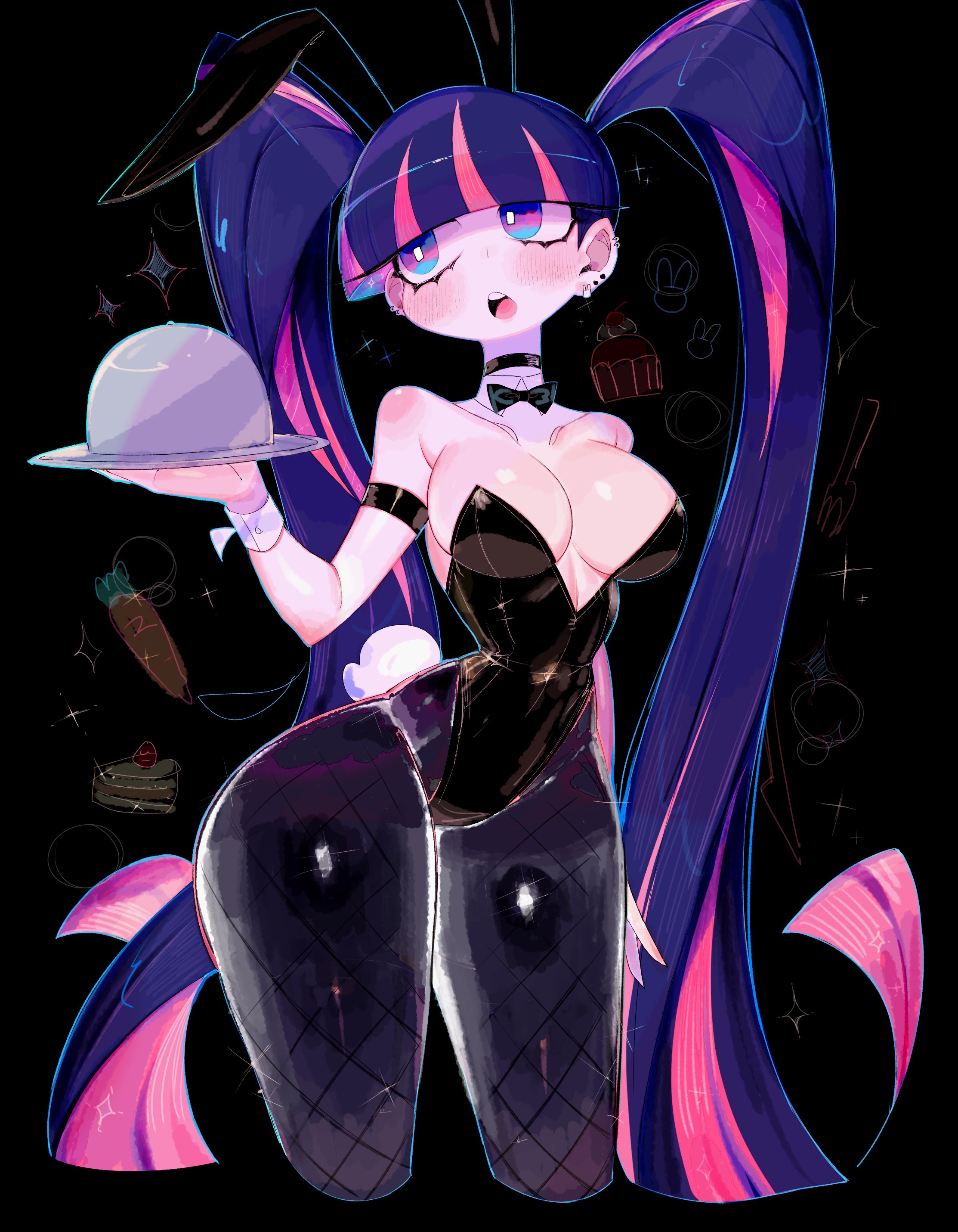 usa37107692, stocking (psg), panty & stocking with garterbelt, absurdres, highres, 1girl, animal ears, black border, black leotard, blue eyes, blue hair, blunt bangs, border, bow, bowtie, breasts, bright pupils, colored inner hair, covered navel, detached collar, fake animal ears, fishnet pantyhose, fishnets, highleg, highleg leotard, large breasts, leotard, long hair, looking at viewer, multicolored hair, navel, open mouth, pantyhose, pink hair, playboy bunny, rabbit ears, solo, strapless, strapless leotard, traditional bowtie, tray, two-tone hair, very long hair, white pupils, wrist cuffs