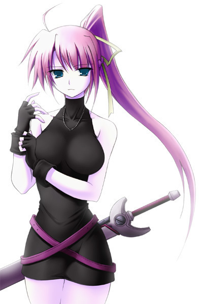 gloves, green eyes, hair ribbon, jewelry, long hair, necklace, ponytail, purple hair, ribbon, sword, weapon