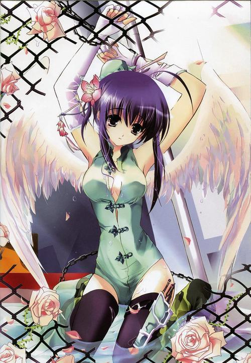 angel, breasts, chain, cleavage, elbow gloves, flower, gloves, kneeling, long hair, purple hair, thighhighs, wings