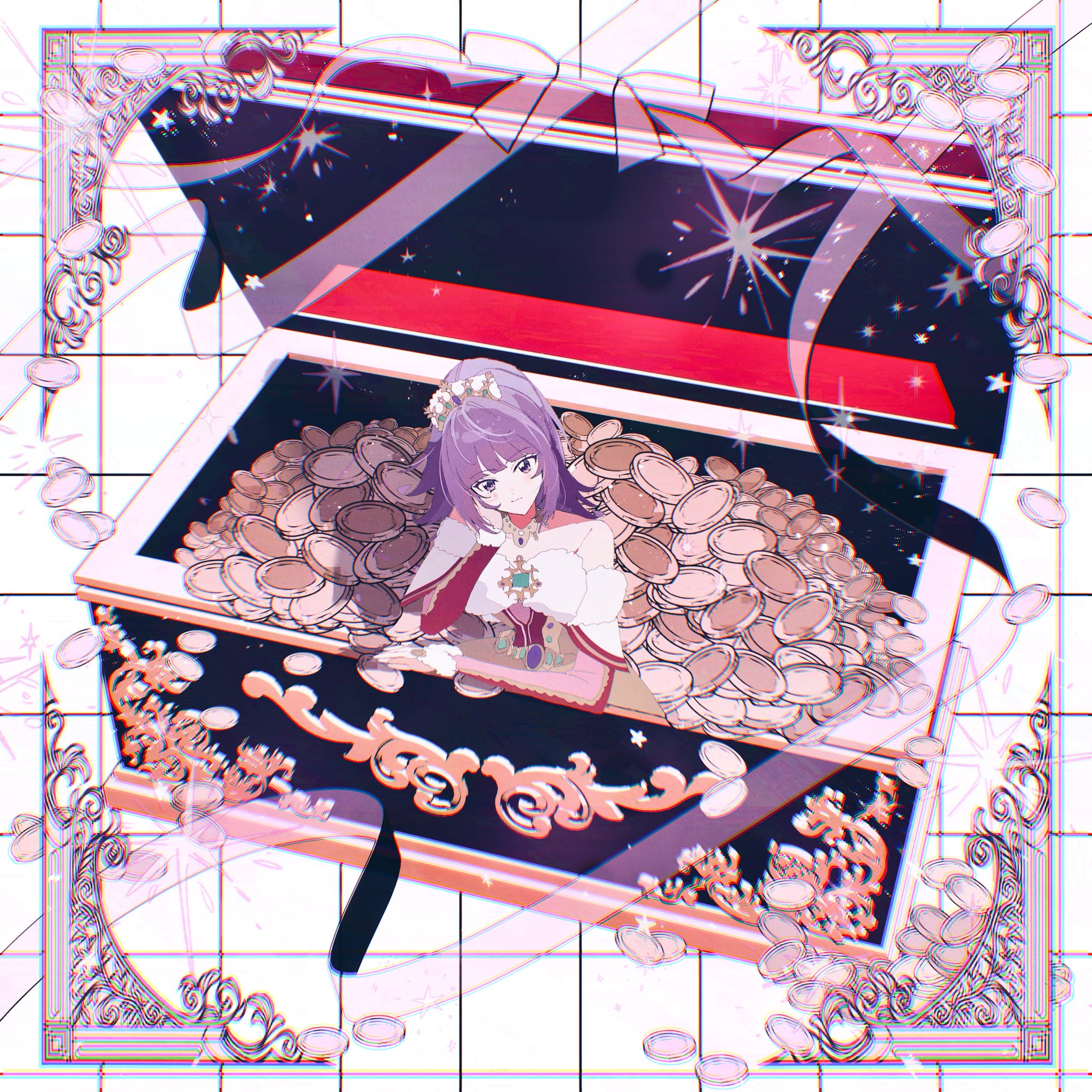 lrprr, hanazono shuka, idol time pripara, pretty series, pripara, highres, 1girl, blunt bangs, box, closed mouth, coin, full body, hand on own cheek, hand on own face, hand up, head rest, idol clothes, in box, in container, long hair, looking at viewer, mini person, minigirl, ponytail, purple eyes, purple hair, ribbon, smile, solo, white background, white ribbon