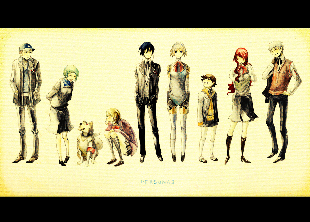 aigis (persona), amada ken, iori junpei, kirijou mitsuru, koromaru (persona), sanada akihiko, takeba yukari, yamagishi fuuka, yuuki makoto (persona 3), atlus, persona, persona 3, bad id, bad pixiv id, inactive account, 4boys, 4girls, blonde hair, blue eyes, brown hair, copyright name, dog, gloves, green hair, grey hair, hat, headphones, jacket, long hair, multiple boys, multiple girls, pantyhose, red eyes, red hair, s.e.e.s, school uniform