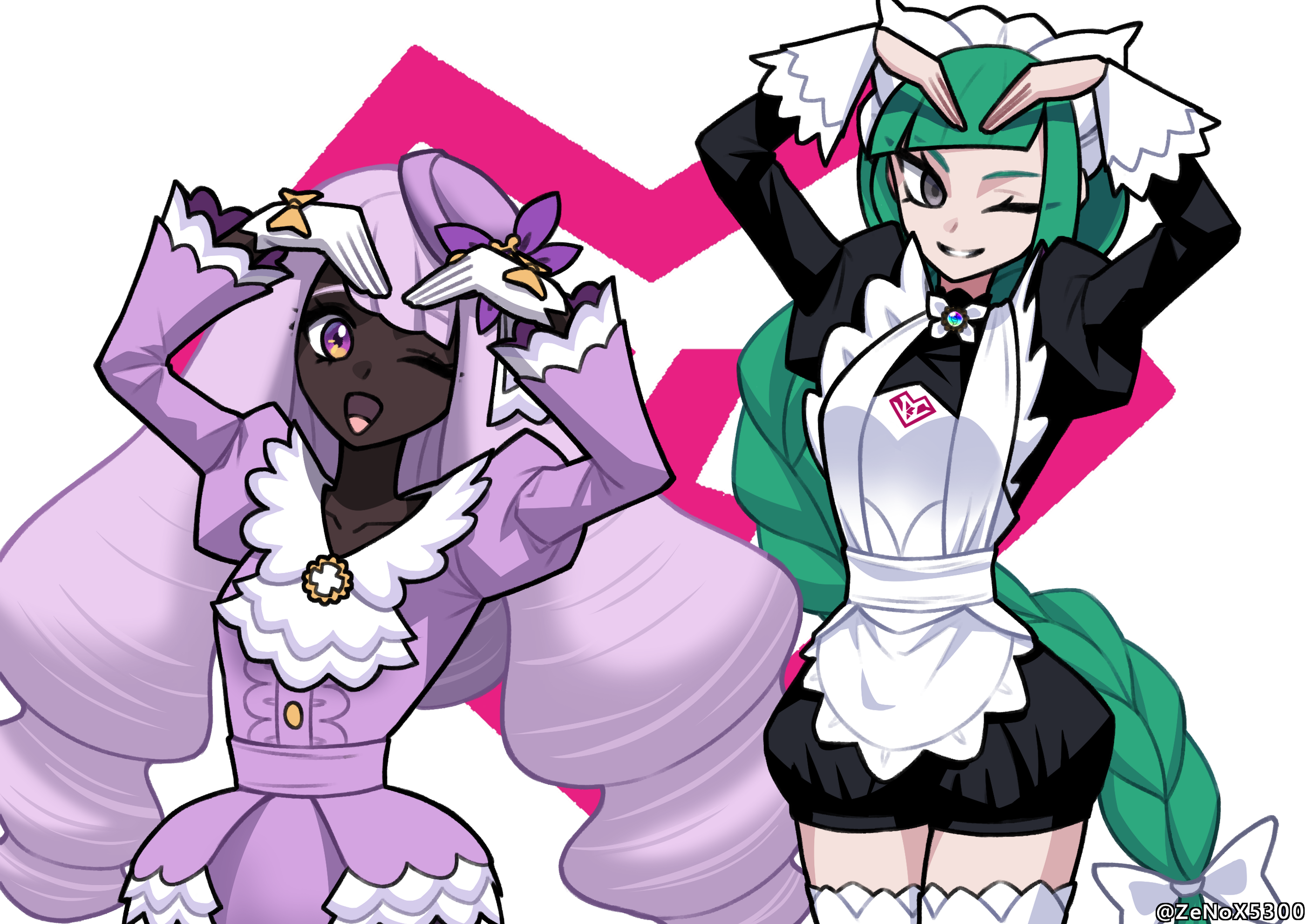 zenox5300, jacinthe (pokemon), lebanne (pokemon), nintendo, pokemon, pokemon legends: z-a, commentary, highres, 2girls, ;d, apron, arms up, braid, collarbone, dark-skinned female, dark skin, dress, eyelashes, gloves, green hair, grey eyes, grin, happy, long hair, long sleeves, multiple girls, one eye closed, open mouth, puffy sleeves, purple dress, purple eyes, purple hair, smile, teeth, thighhighs, tongue, twintails, twitter username, watermark, white apron, white background, white gloves, white thighhighs