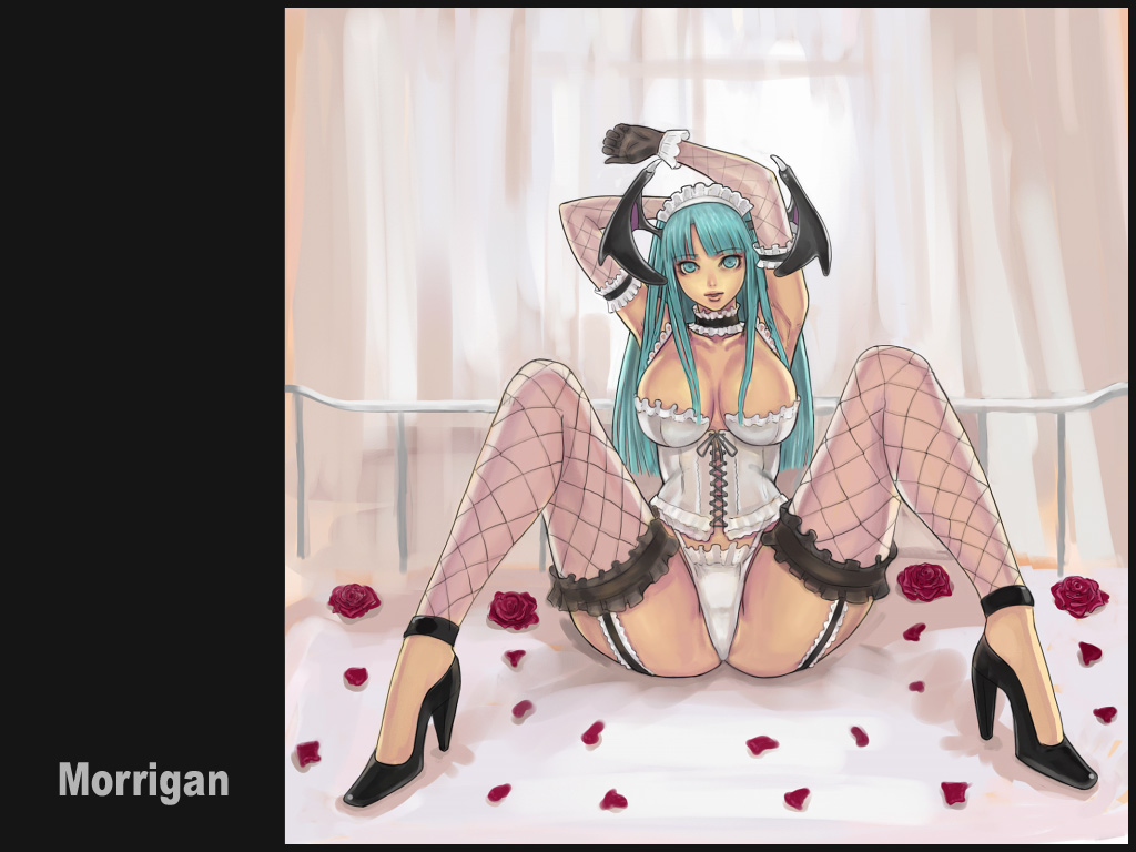ark (morita hitomi), morrigan aensland, capcom, darkstalkers, 1girl, aqua eyes, aqua hair, breasts, character name, corset, elbow gloves, female focus, flower, garter belt, gloves, head wings, high heels, hip focus, huge breasts, panties, shoes, solo, spread legs, thighhighs, underwear, wide hips, wings
